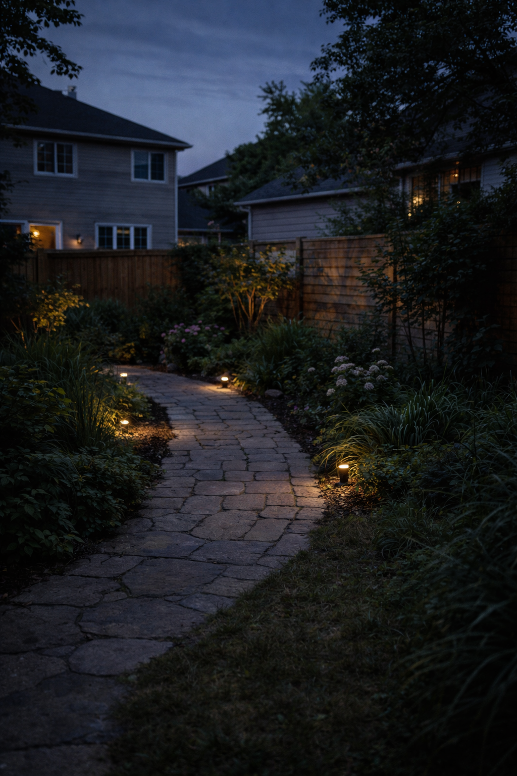 Professional landscape lighting installation for an outdoor space at dusk